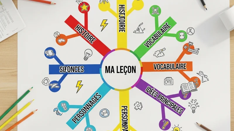 Carte mentale colorée dessinée à la main sur papier blanc avec branches et mots-clés scolaires, vue de dessus