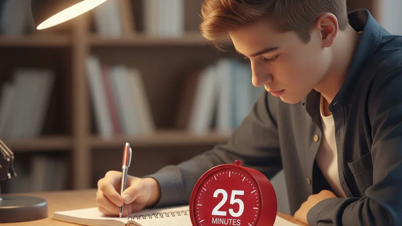 Élève lycéen révisant à son bureau avec un minuteur Pomodoro de 25 minutes, cahiers et stylos, lumière chaude et atmosphère studieuse